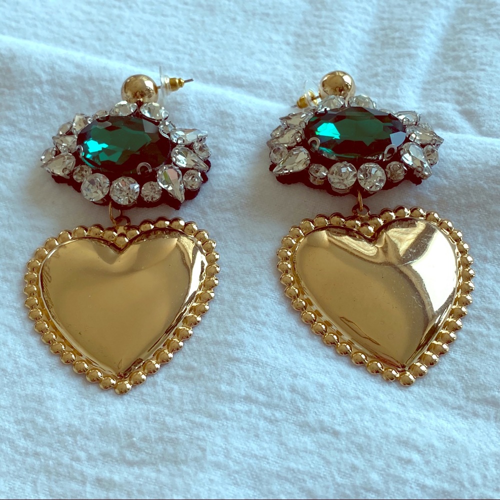 Crystal, Emerald and Gold Heart Costume Earrings